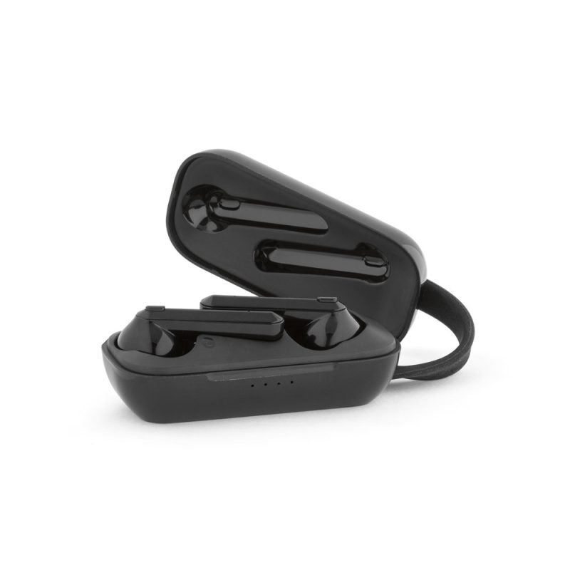 Black wireless earbuds with charging case.