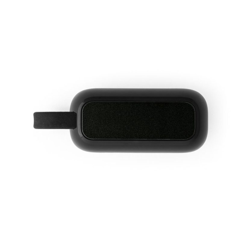 Top view of black portable speaker.