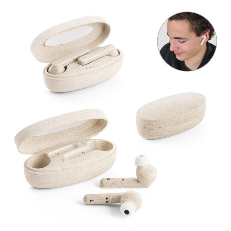 Eco-friendly wireless earbuds with charging case.