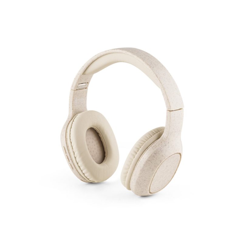 Cream over-ear wireless headphones on white background.