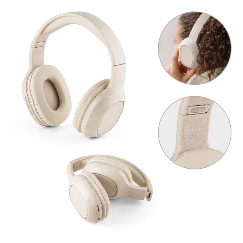 Eco-friendly beige headphones made from wheat straw.