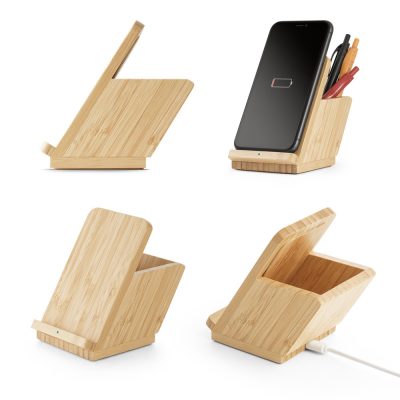 Bamboo phone stand with charging and pen holder