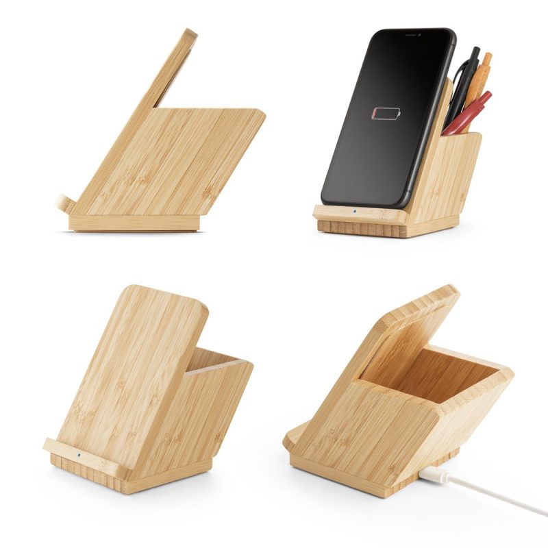 Bamboo phone stand with charging and pen holder