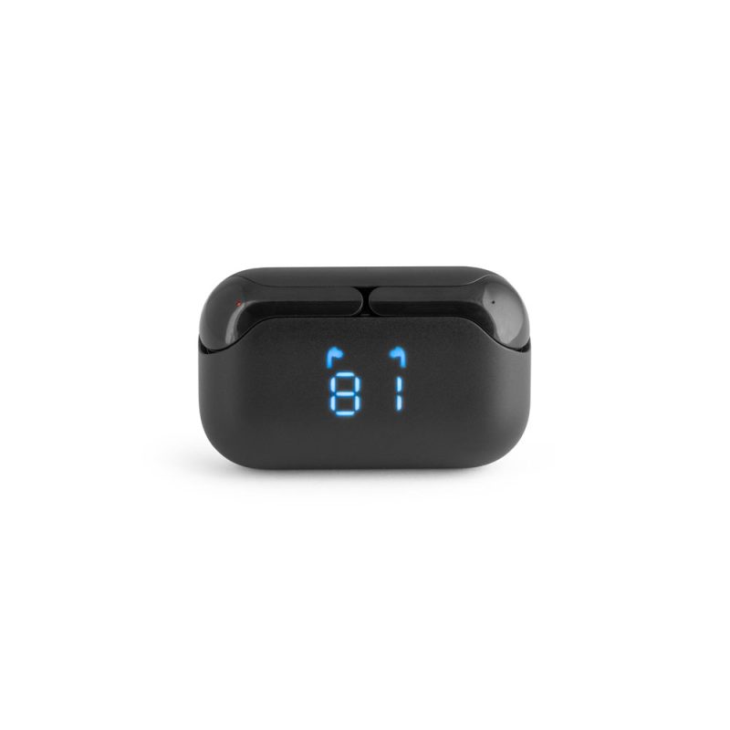 Black wireless earbuds with digital display