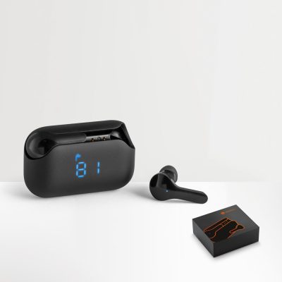 Black wireless earbuds with digital display