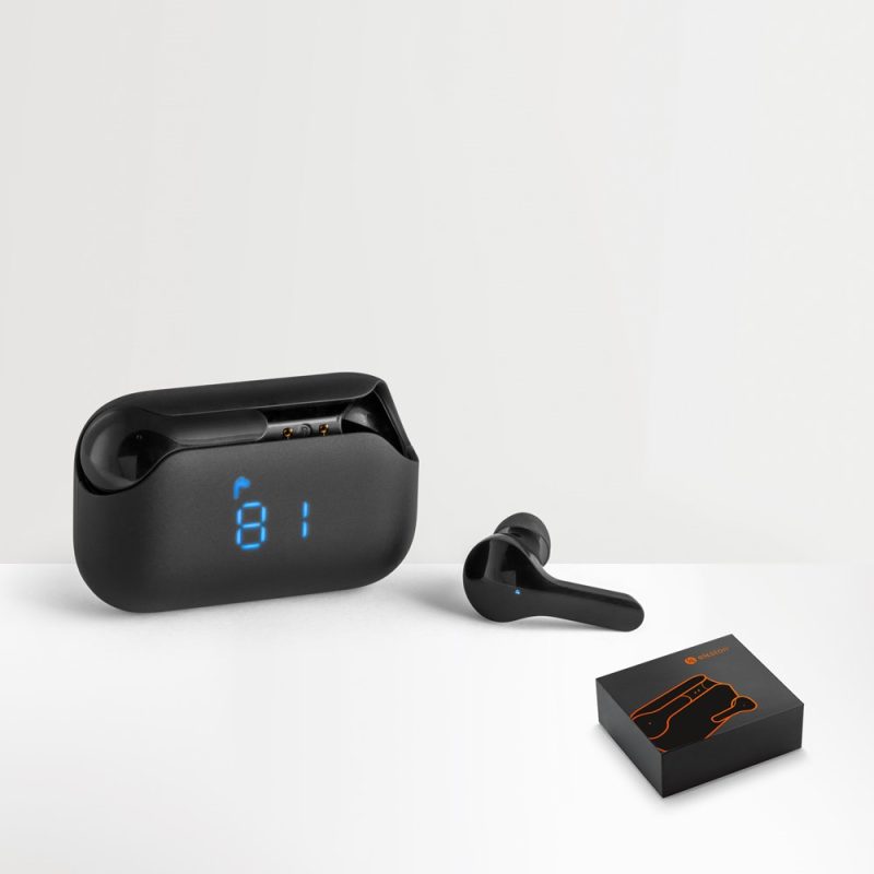 Black wireless earbuds with digital display