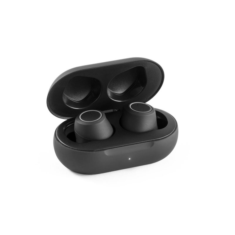 Wireless black earbuds in charging case