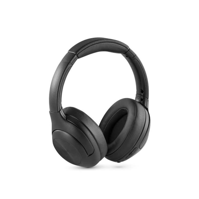 Black wireless over-ear headphones on white background.