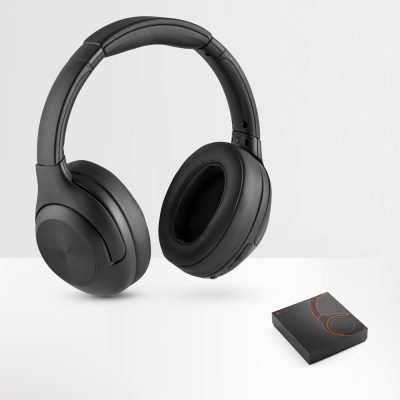 Black wireless headphones with packaging.