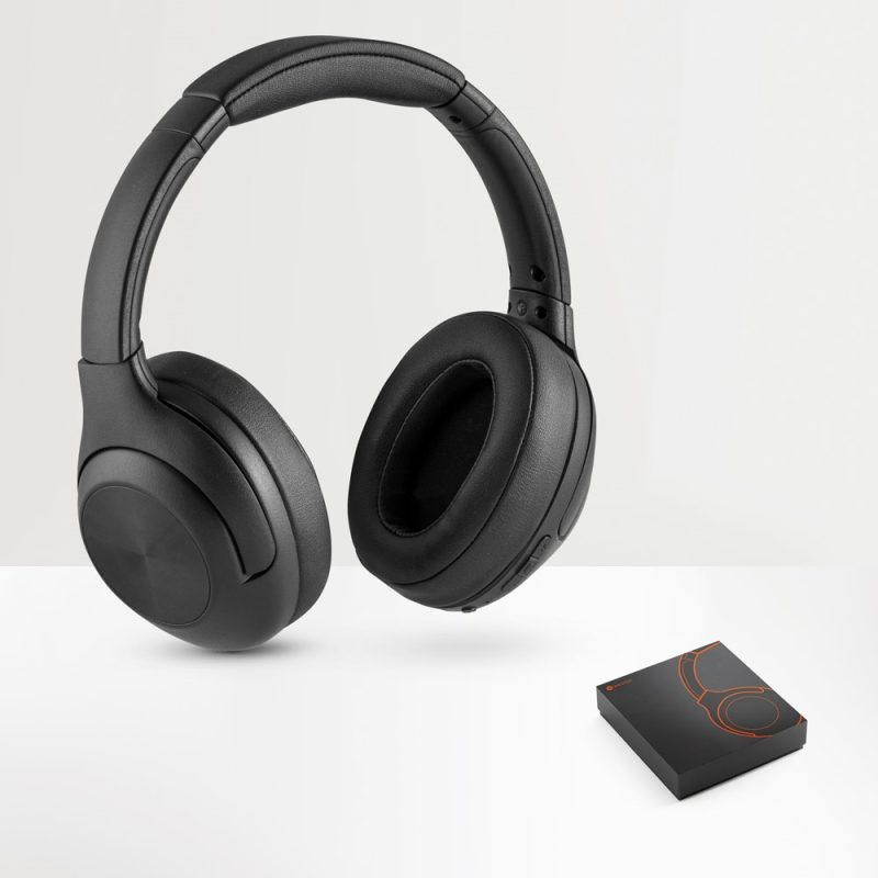 Black wireless headphones with packaging.