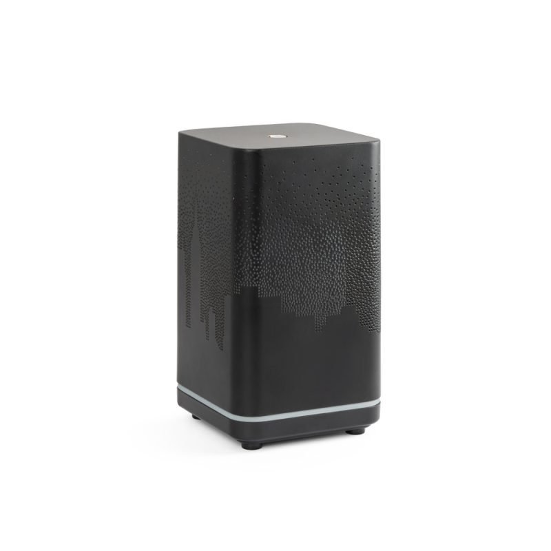 Black air purifier with modern design features.