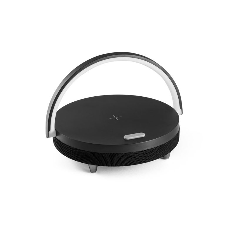 Modern wireless speaker with sleek design and handle.