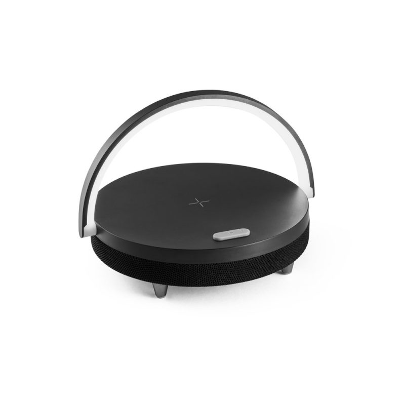 Modern black wireless speaker with handle.