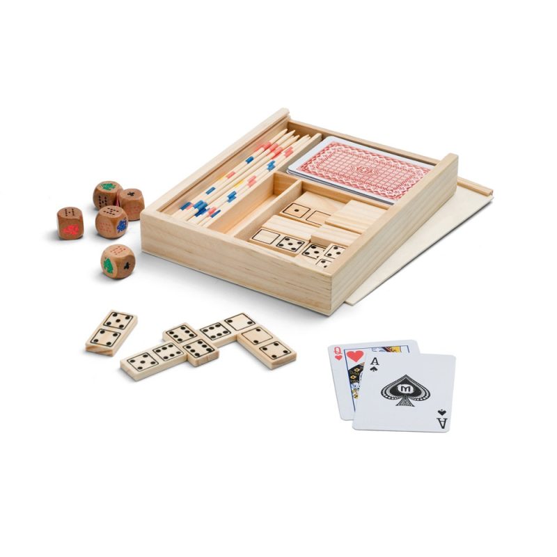 Wooden game set with cards, dice, and dominoes.