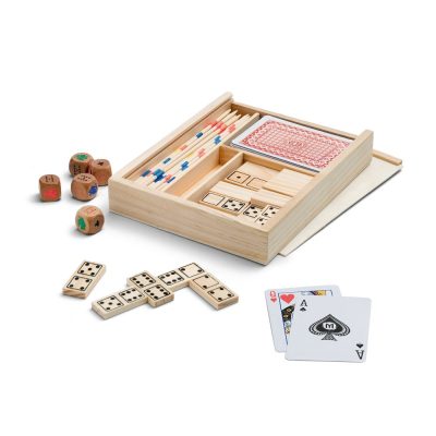 Wooden box with dominos, cards, dice and sticks.