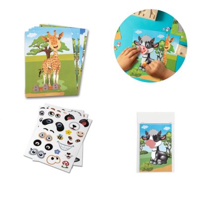 Animal sticker activity for kids, includes giraffe, cow.