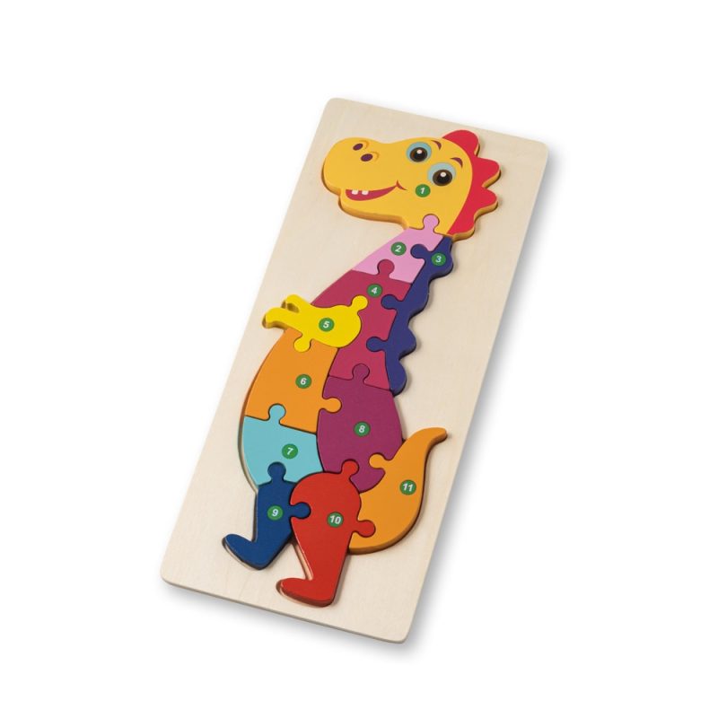 Colourful dinosaur puzzle with numbered pieces on board.