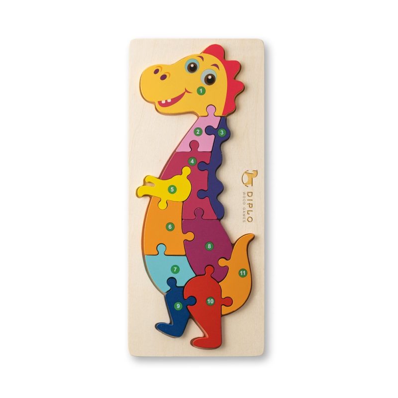 Colourful wooden dinosaur puzzle for children.