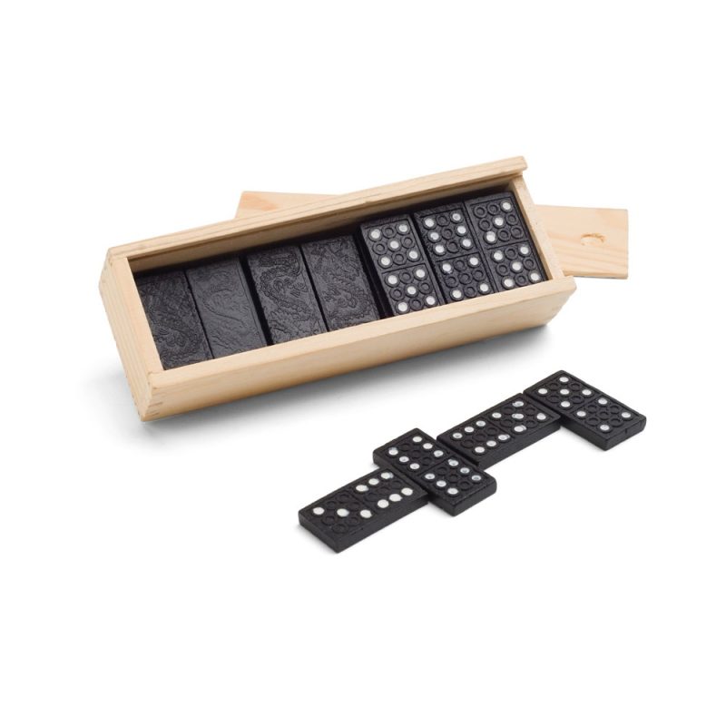 Wooden box with black dominoes inside and outside.