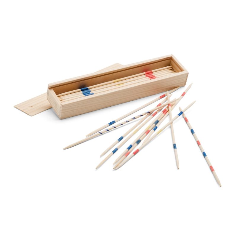 Wooden mikado sticks game in open box.