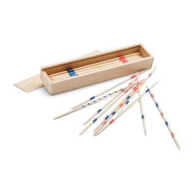 Wooden pick-up sticks with coloured bands, wooden box.