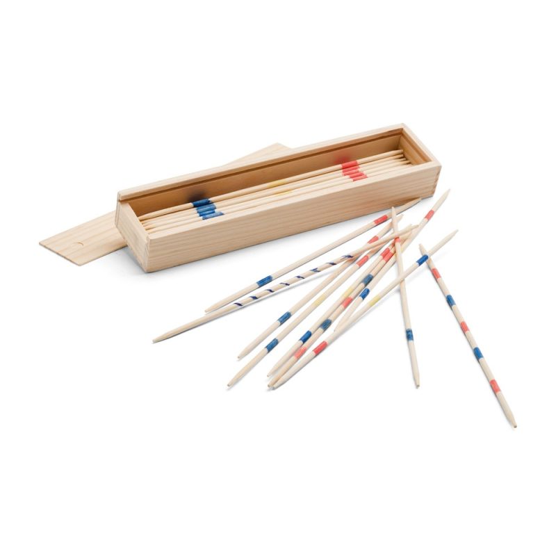 Wooden pick-up sticks with coloured bands, wooden box.