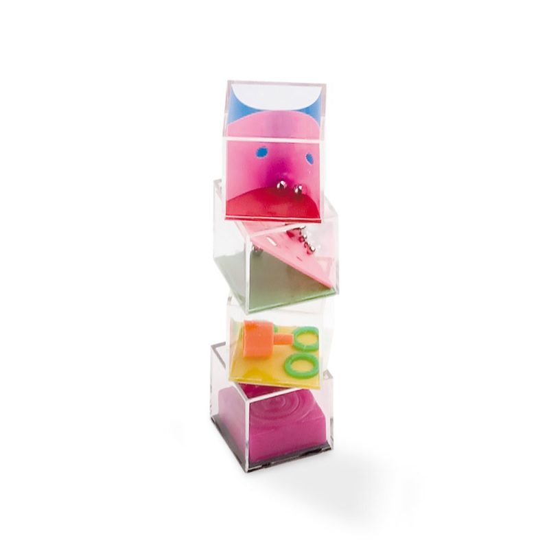 Colourful stackable toy cubes with various patterns.