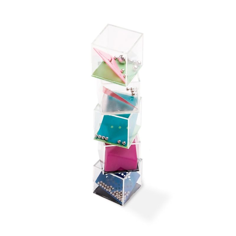 Stacked transparent cubes with colourful inserts and beads.
