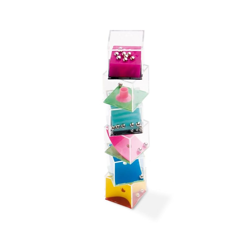 Colourful stackable cubes with metal balls inside.