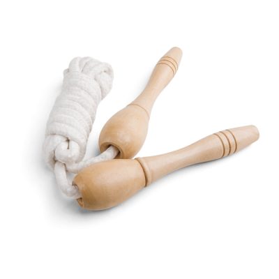 Wooden-handled skipping rope coiled neatly