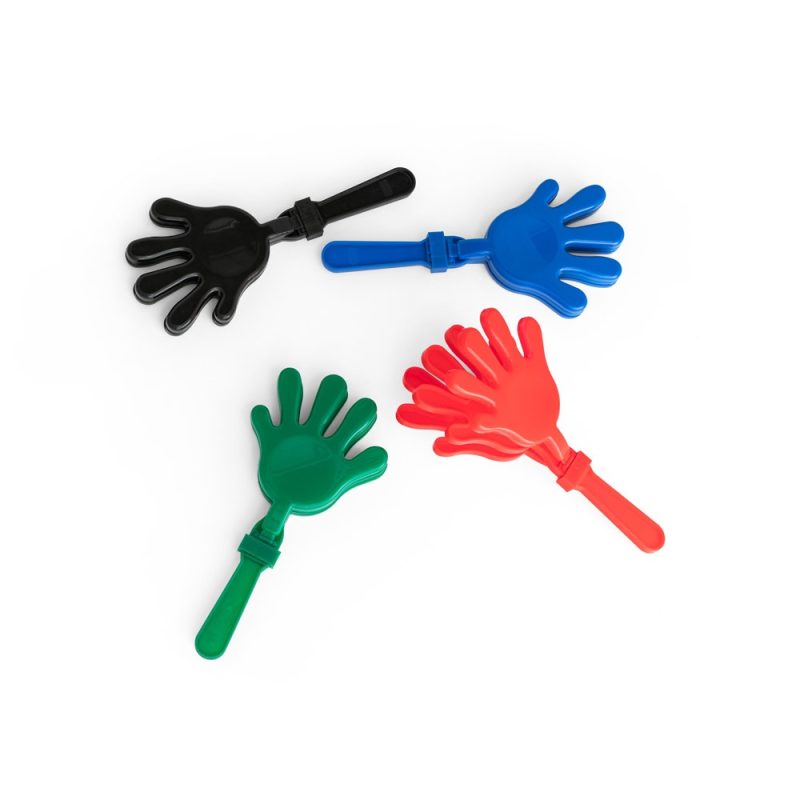 Colourful plastic hand clappers on white background.