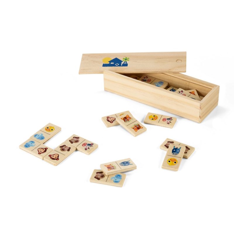Wooden animal dominoes in a box on a table.
