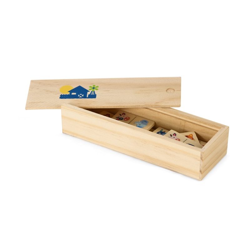 Wooden box with illustrated dominoes inside.