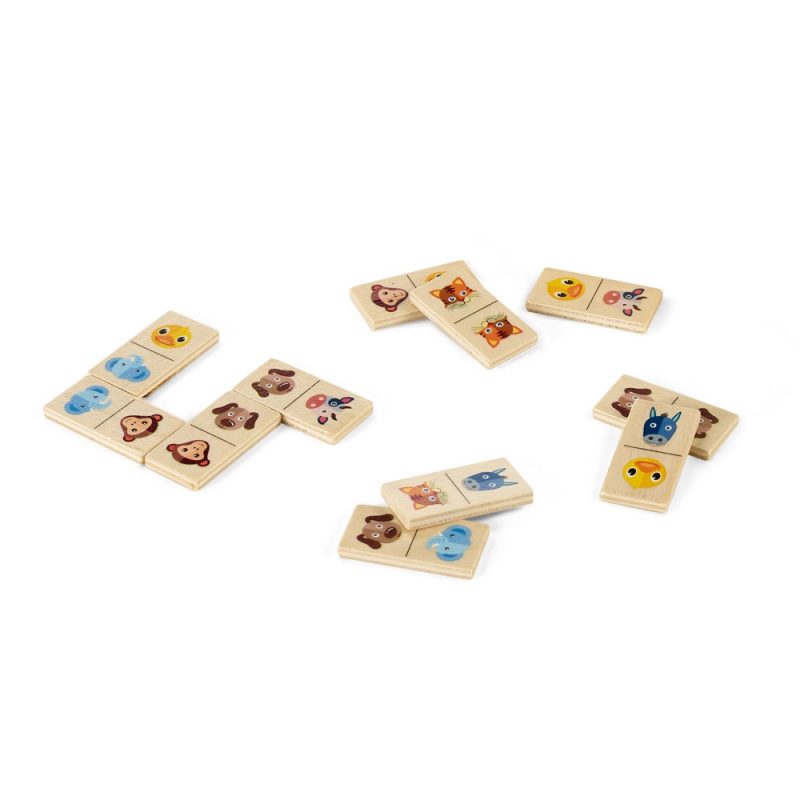 Animal wooden domino pieces on white background.