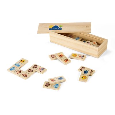 Wooden animal dominoes set with box displayed.