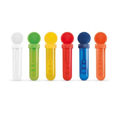 Colourful bubble tubes with open lids in line.