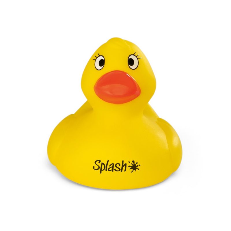 Yellow rubber duck with orange beak.