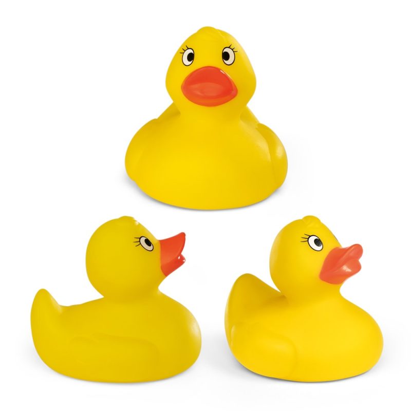 Three yellow rubber ducks with red beaks.