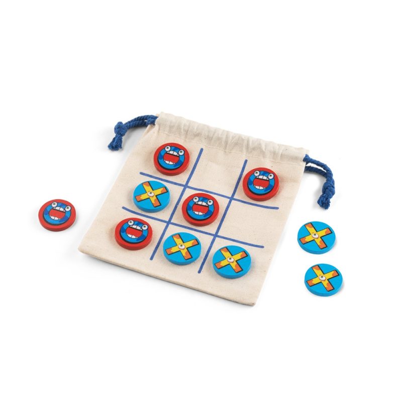 Tic-tac-toe game with colourful pieces on bag