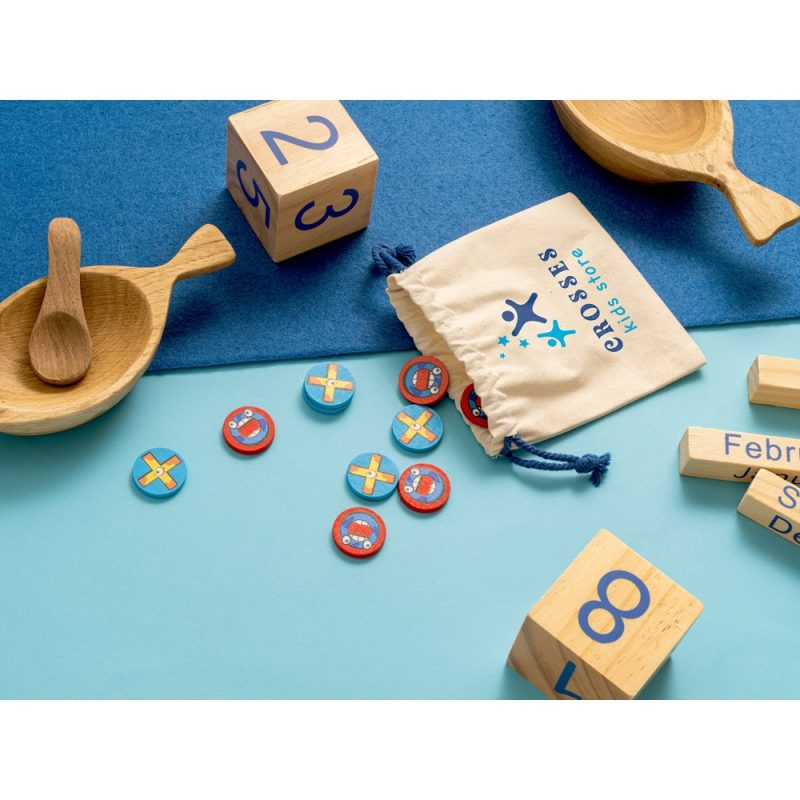 Children's educational toys on blue background.