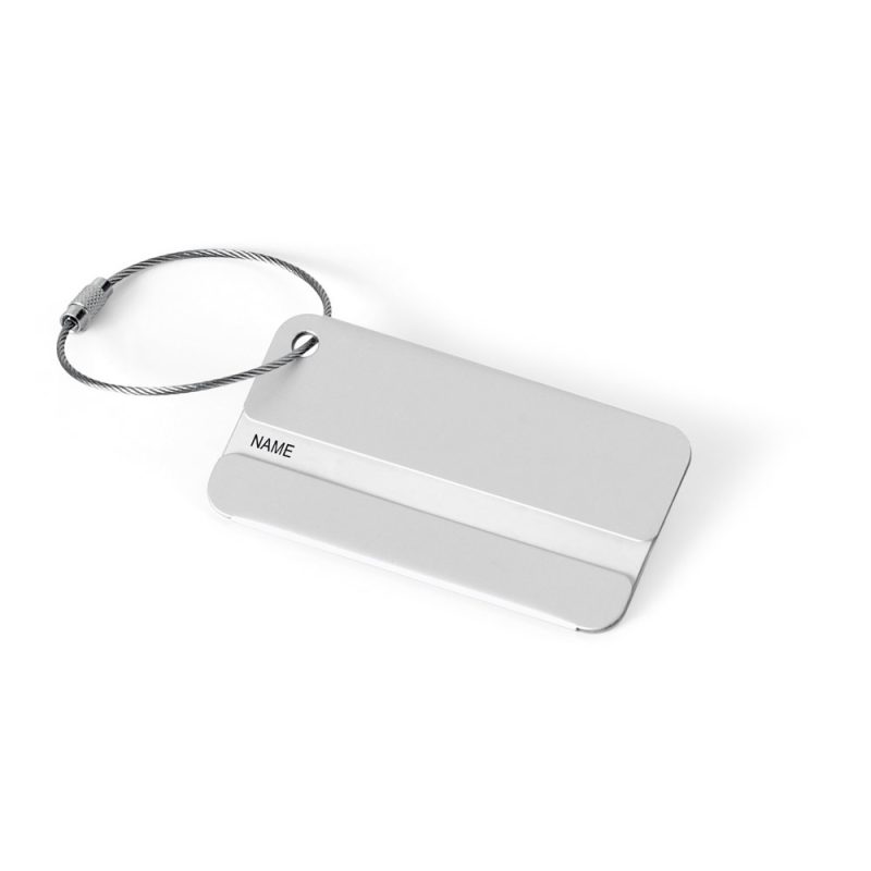 Silver luggage tag with metal cable loop.