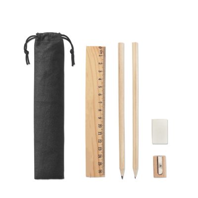 Wooden stationery set with ruler, pencils, eraser.