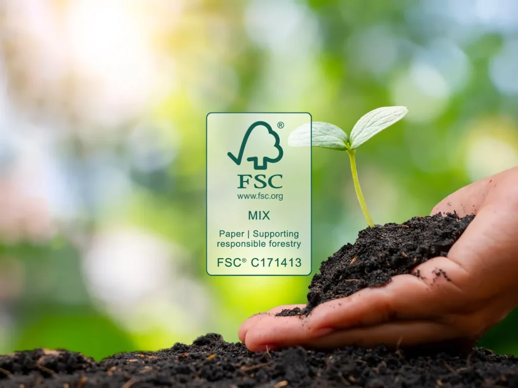Hands hold seedling beside FSC Mix certification logo